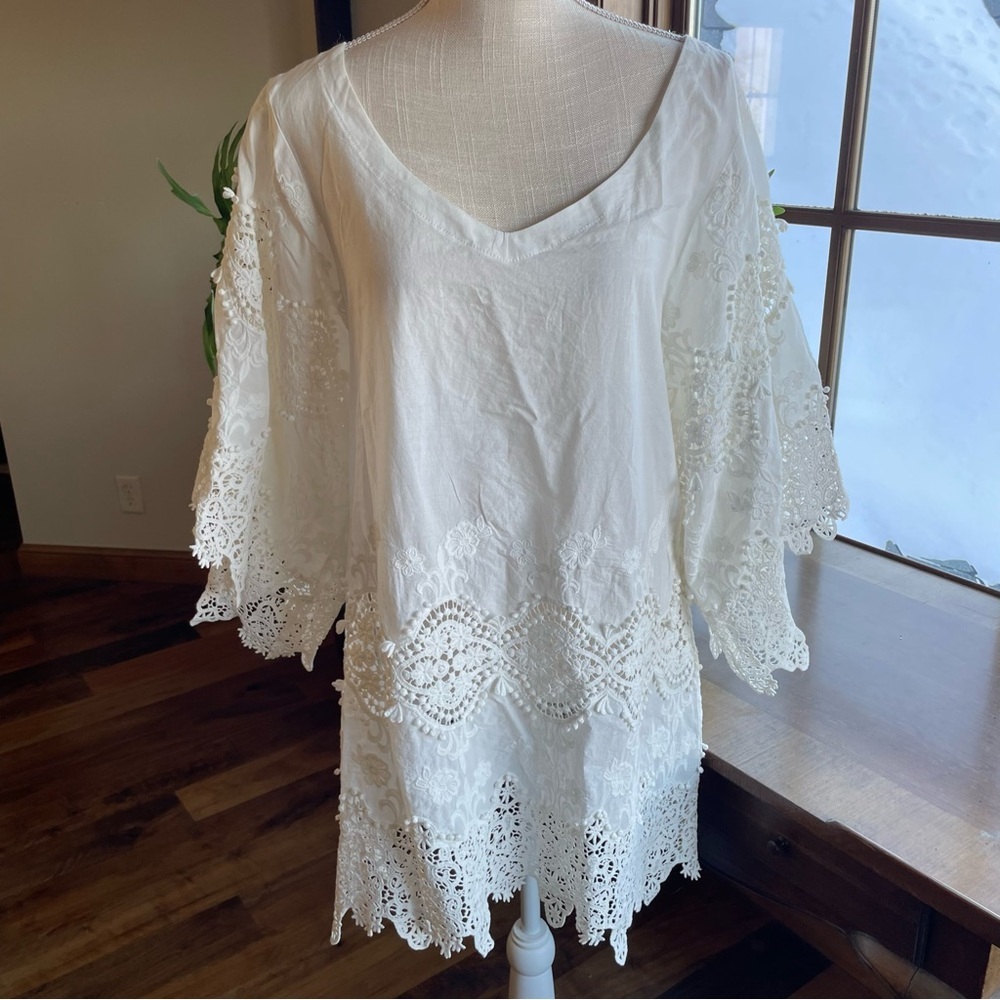 Anthropologie Eberjey Castaway White Cotton Lace Tunic Top Coverup sz M/L - Picture 3 of 12